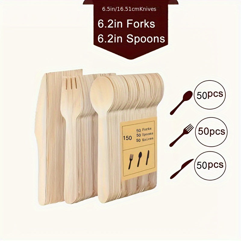 This pack includes a total of 150 disposable birch wood utensils, consisting of 50 knives, 50 forks, and 50 spoons, all measuring 16 cm each. These utensils are ideal for various events such as parties, camping trips, banquets, weddings, and picnics.