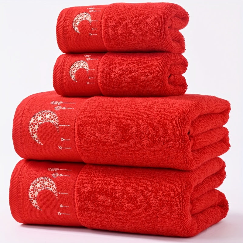 A set of 2 pure cotton velvet towels with star and moon embroidery in sizes 34*75cm and 70*140cm. Perfect for couples as a Valentine's Day gift or for general home use. Includes a washcloth and a beach/bath wrap.