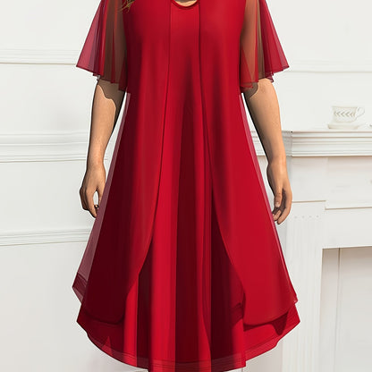 Red chiffon dress for women with round neck, half sleeves, flowy A-line cut, and keyhole detail. Machine washable and perfect for spring/summer/fall. Made of polyester chiffon fabric.