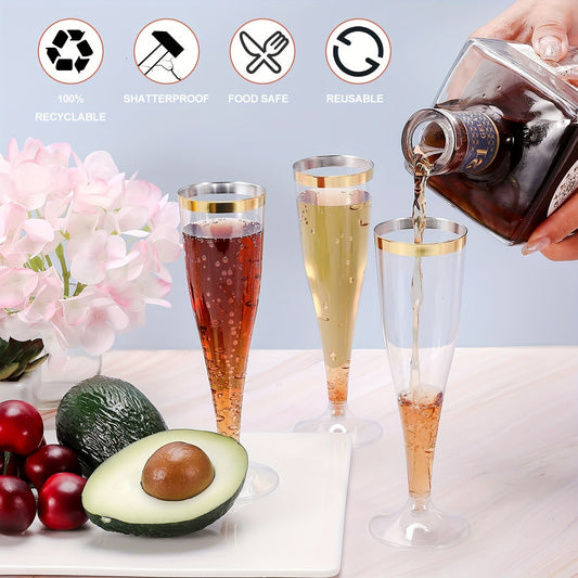 Set of 20 Elegant Golden Rimmed 4.5oz Disposable Plastic Champagne Flutes - Reusable and Recyclable Toasting Glasses with Festive Bubble Pattern. Perfect for Weddings, Birthdays, Bridal Showers, and More! Ideal for Christmas Celebrations.