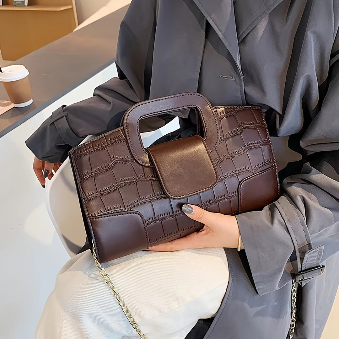 By 2025, the new brown crocodile pattern handbag will be a stylish and elegant crossbody bag for women, featuring a chain shoulder strap.