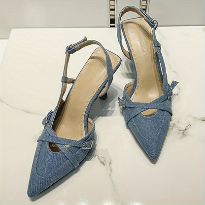 Blue cross strap women's high heel fashion sandals with pointed toe and hollow head.