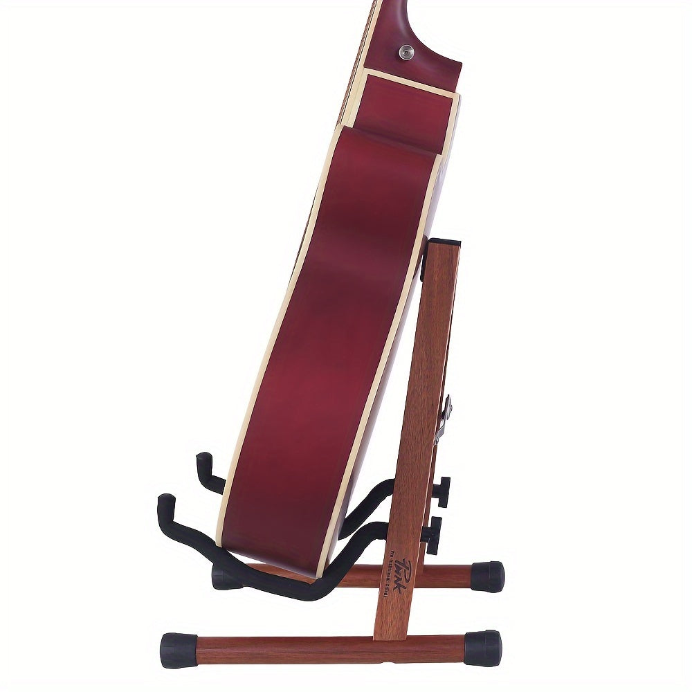 Guitar stand for acoustic, electric, bass, classic banjo, and multiple guitars, made of wood and portable with accessories.