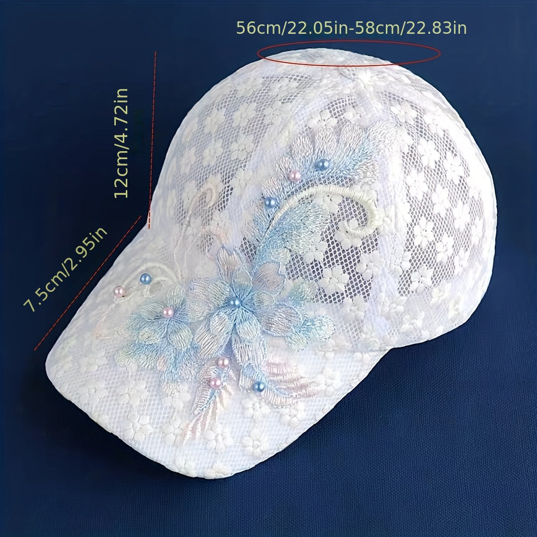 Flower Embroidery Mesh Trucker Hat with Faux Pearl Decor and Elegant Lace for Women