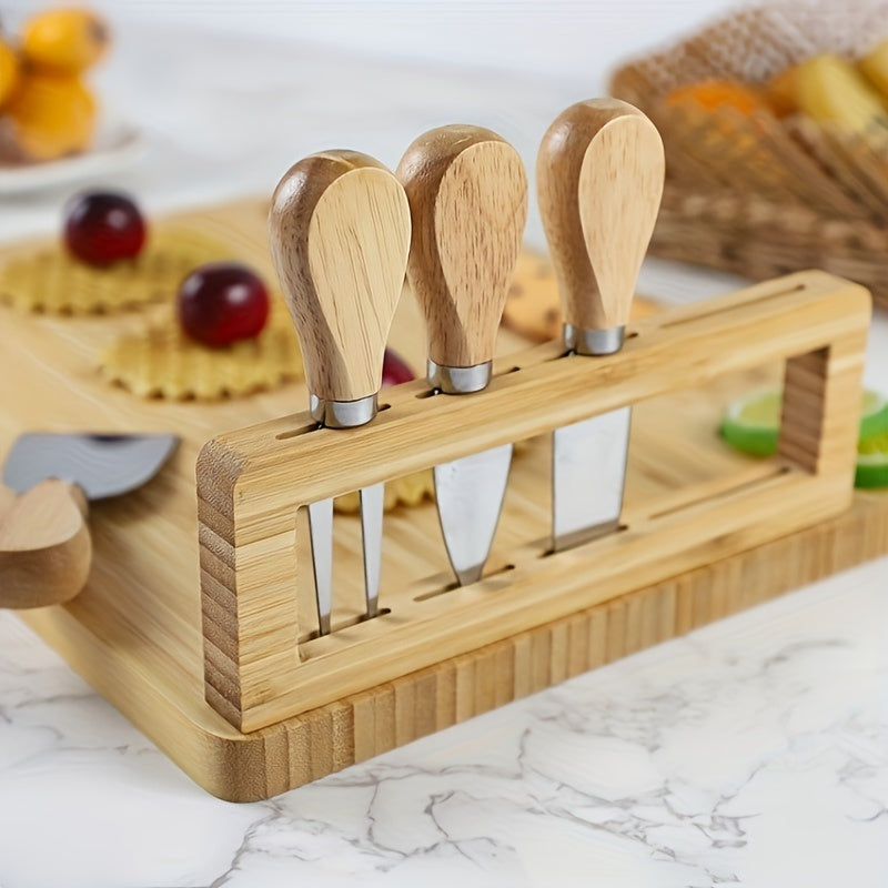 Versatile bamboo cheese board set with knife for festive occasions – perfect for serving cheese, fruit, and nuts.