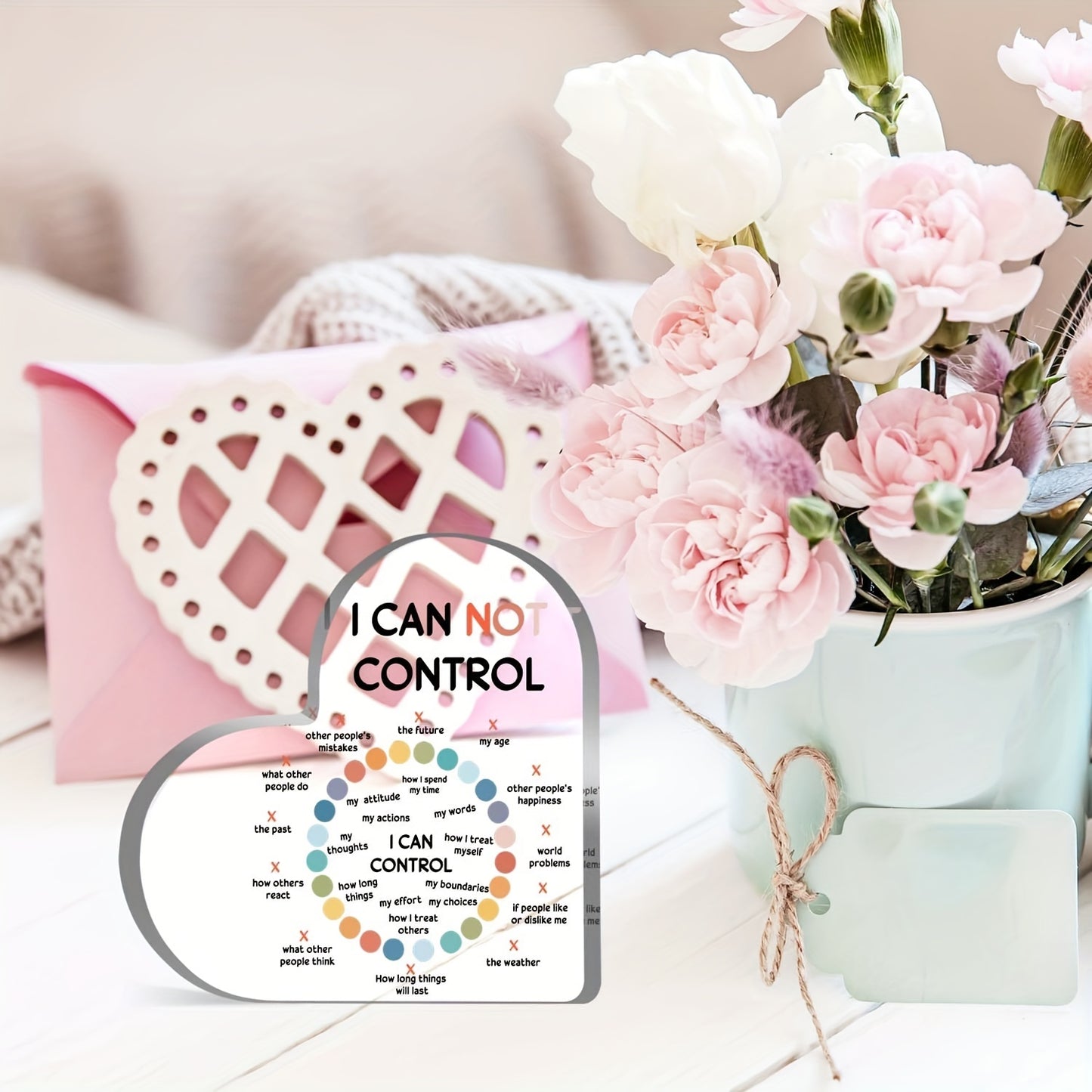 Modern acrylic heart-shaped sign with inspirational "I CAN NOT CONTROL" quote for school counselor, anxiety therapy decor, mental health gift - no power required.