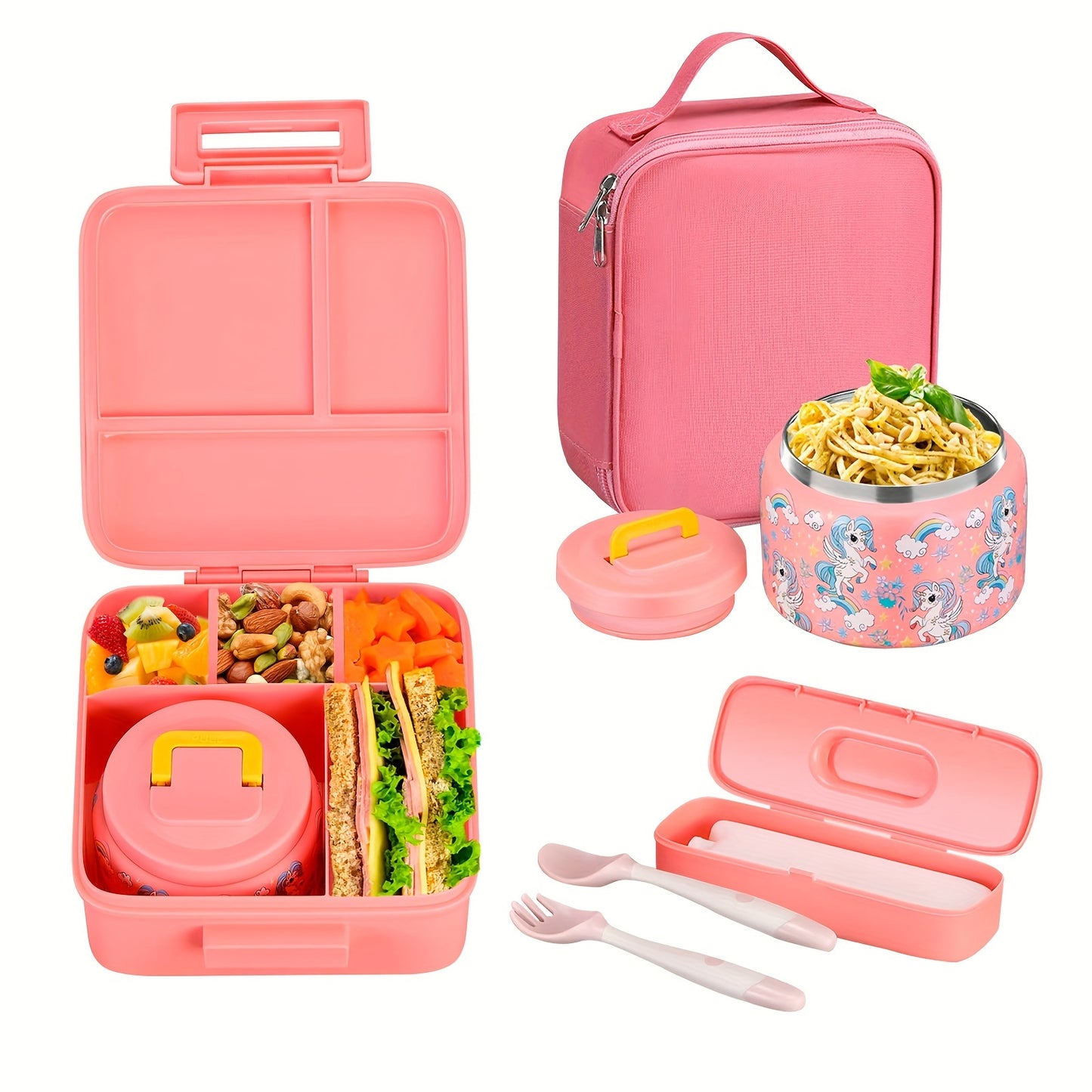 Kids' Bento Box Set with insulated food jar, lunch bag, ice pack, and utensils. Leak-proof container with 5 compartments, perfect for school or work.