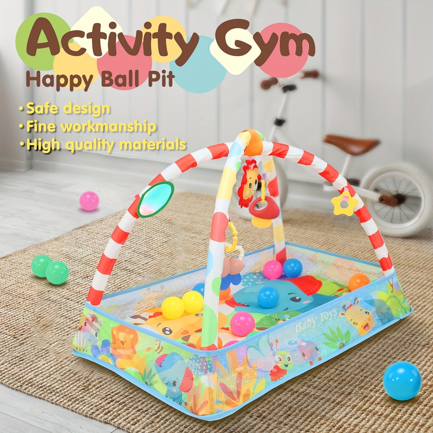 Colorful home play mat featuring an activity gym, ball pit, and sensory playmat. Safe and durable construction for endless hours of play.