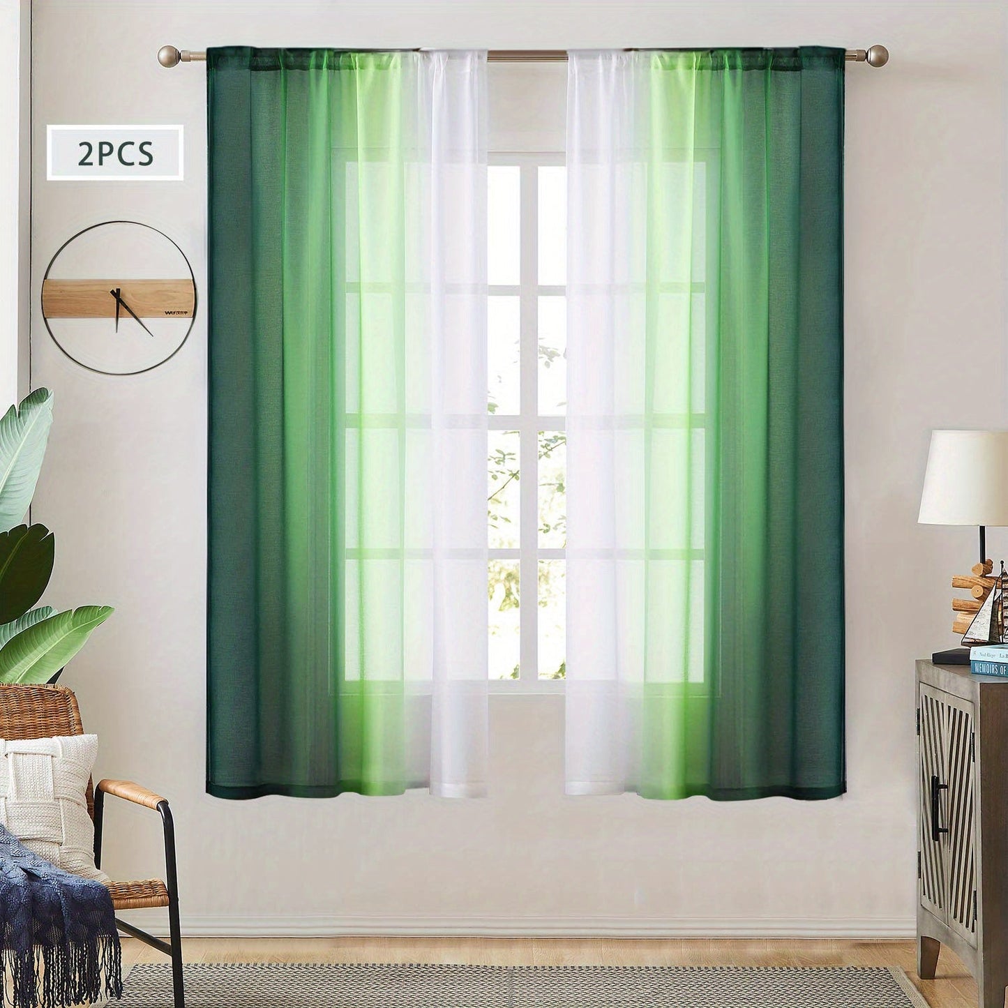 Two pieces of rod pocket curtains with a gradient style, made of transparent imitation linen material. These sheer curtains are perfect for adding a decorative touch to any bedroom, office, kitchen, living room, study, or home decor.