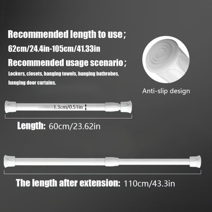 Telescopic rod for multiple uses: shower curtains, drying, hanging clothes, curtains, and more. No drilling required.