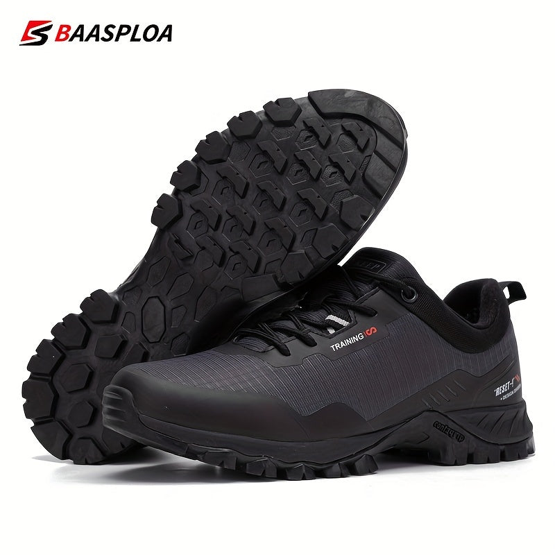 BAASPLOA Men's Low-Top Hiking Shoes in Black with Red Accents - Durable, Waterproof, Anti-Slip, Comfortable PU Insole