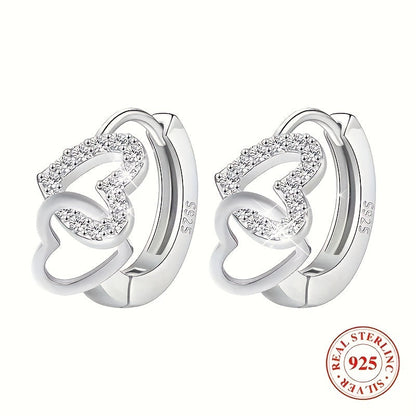 S925 Silver Hypoallergenic Double Hollow Love Design Hoop Earrings, Elegant and Luxurious Style with Zirconia Embellishments Perfect for Date Nights