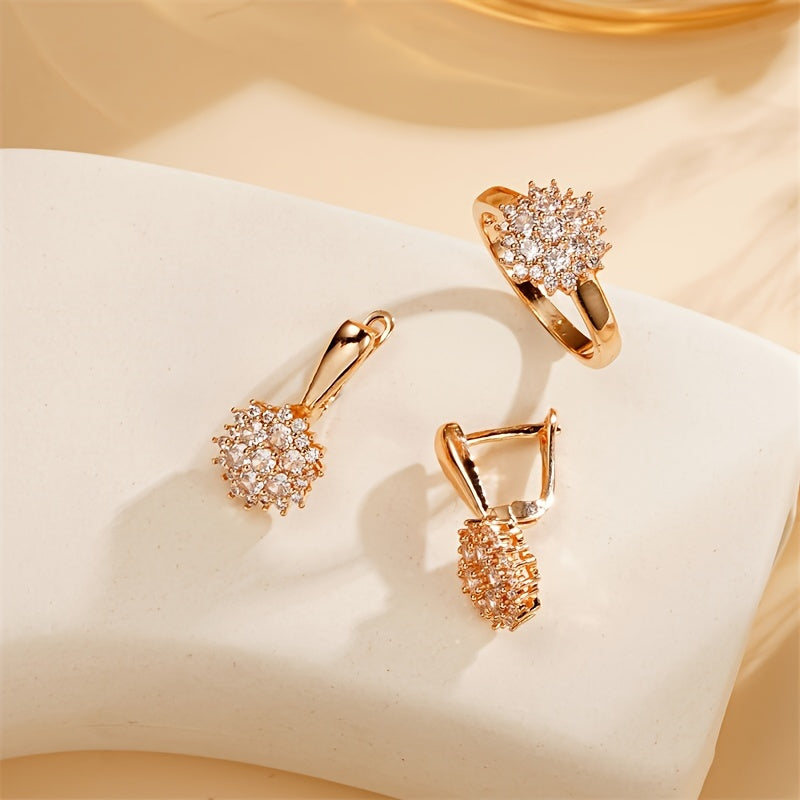 Stunning rose gold jewelry set featuring cubic zirconia - includes a ring and earrings. Ideal for everyday wear, special occasions, and weddings.