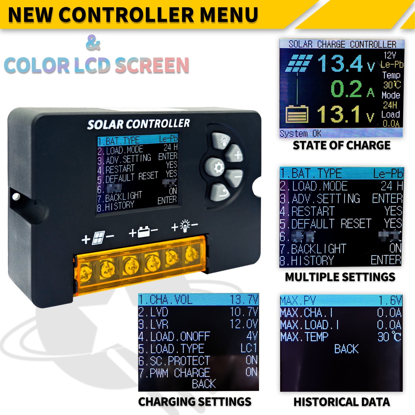 POWLSOJX Solar Charge Controller with LCD Display, Adjustable PWM, supports up to 30A panel power, ideal for battery charging and outdoor energy systems.