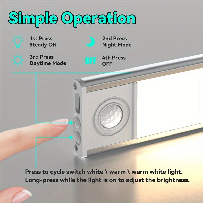 Adjustable brightness USB-rechargeable LED cabinet light with magnetic installation and built-in battery.