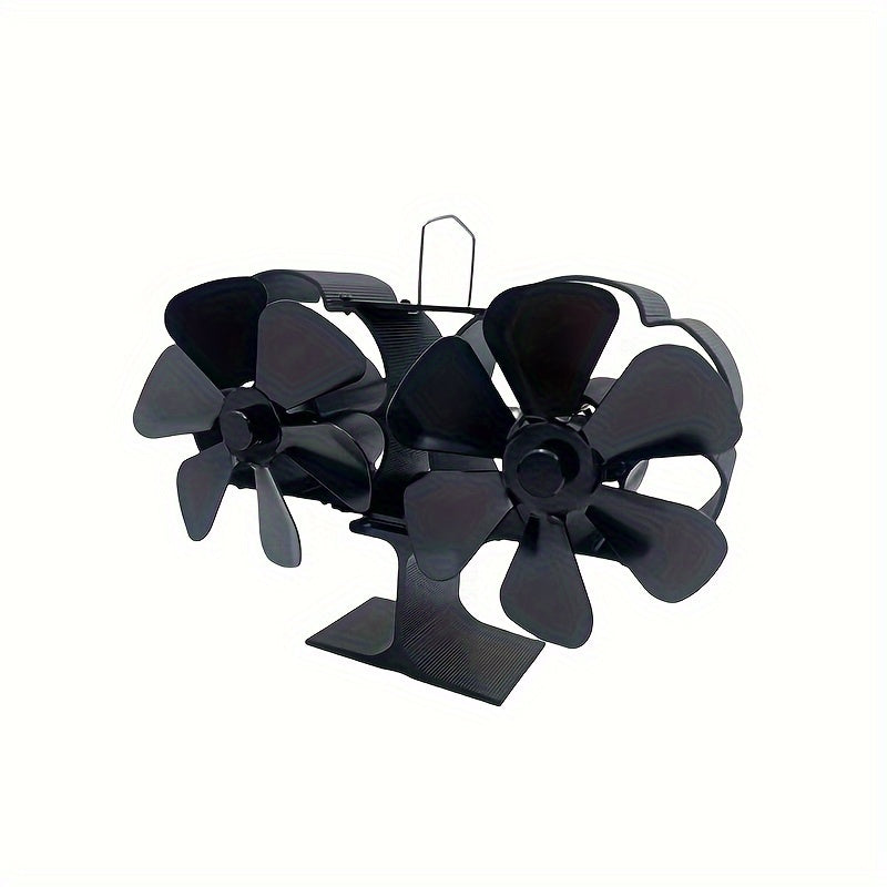 Dual motor portable wooden fireplace fan with 12-blade thermal activation for non-electric, gas, electric, pellet, and wood burning stoves. Made of metal, this accessory provides efficient air circulation for home heating and cooling.