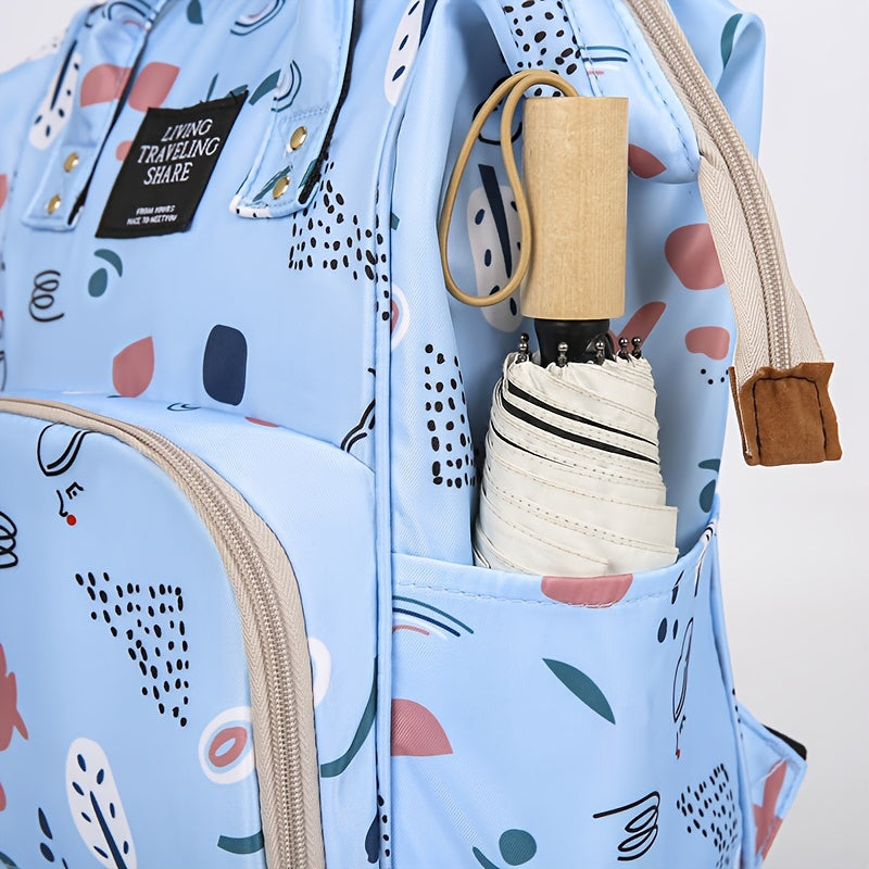 1 Oxford material diaper bag with adjustable shoulder straps, waterproof and stain-resistant, zip closure, polyester lining, cartoon and letter print design for outings.