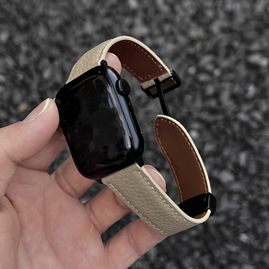 Litchi-patterned patent Apple Watch strap with magnetic buckle, water-resistant, iron clasp - Compatible with Apple Watch SE/S123456789, Beige with Dark Brown accents, Textured woven design