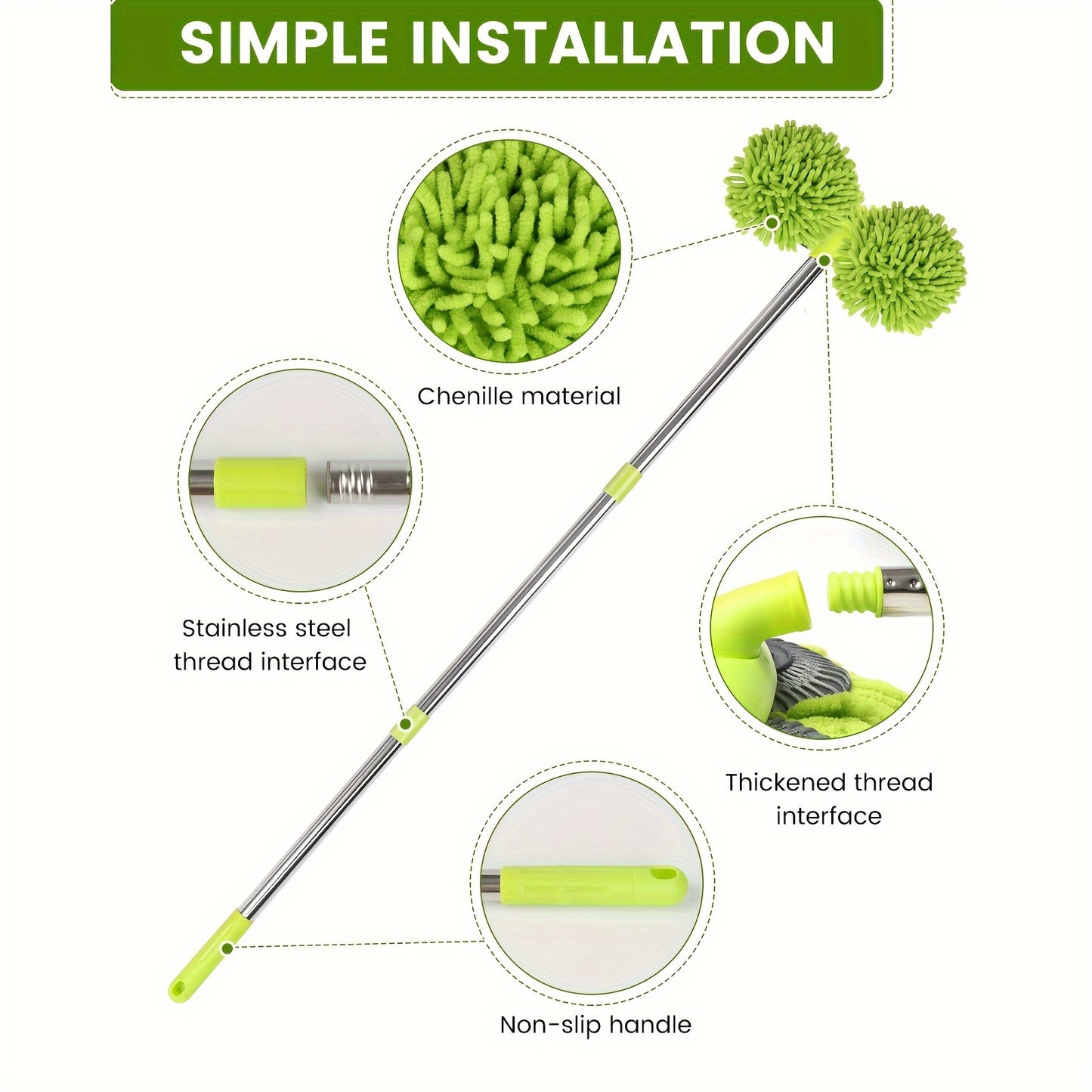 Green long handle car wash brush with ultrafine fiber for car care external cleaning, no power or battery needed.