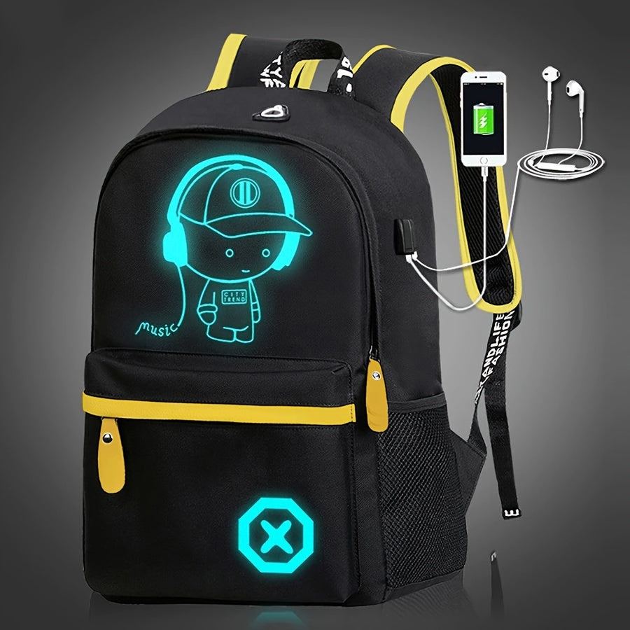 Glow-in-the-dark cartoon backpack with USB charging, adjustable straps, and zip closure. Perfect for daily use for school or commuting.