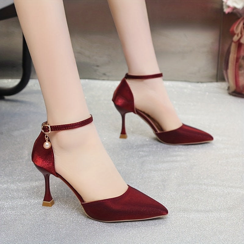 Women's elegant satin pointed toe high heels with ankle strap, perfect for evening events and weddings.