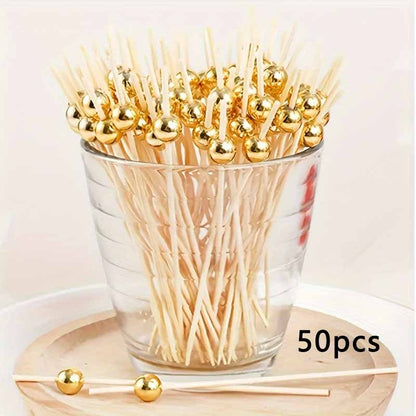 50/30 Bamboo Cocktail Picks with Golden Pearls - Elegant Skewers for Fruit, Cake, Snacks, and Appetizers - Ideal for Parties and Events