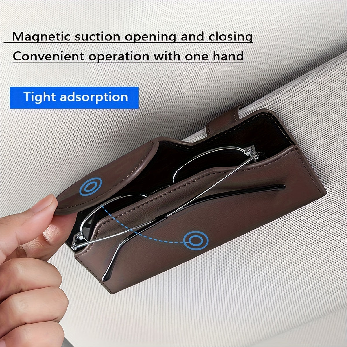 Car visor glasses holder with magnetic closure, PU leather eyeglasses storage clip, vehicle sun visor organizer with strong adsorption.