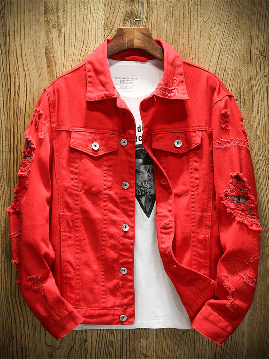 Men's distressed denim jacket - Casual cotton blend with long sleeves, button-up and lapel collar for Spring & Fall.