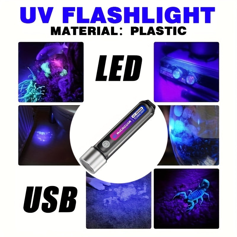 Portable UV LED flashlight for hotel inspection, urine detection, scorpion finder, and more - USB rechargeable with lithium battery.