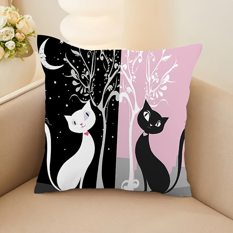 1pc Black and White Short Plush Cat Pillowcase, 45.72×45.72 cm, Zipper Closure, Single-sided Printed, Home Sofa and Bedroom Decoration, Pillow Core Not Included.