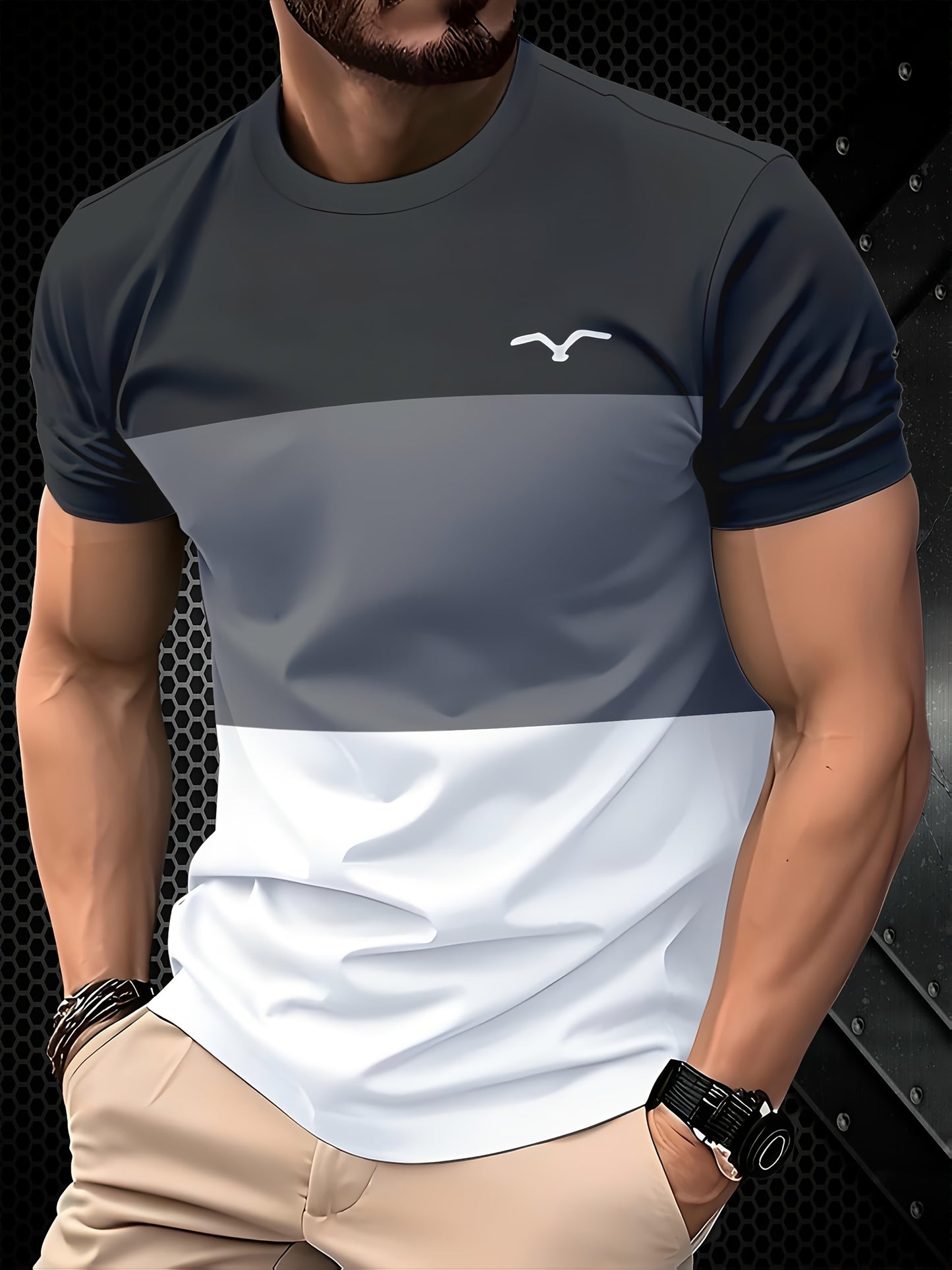 Men's Casual Seagull Graphic Tee, 3D Print, Short Sleeve, Crew Neck, Polyester/Spandex Blend, Slight Stretch, Regular Fit, Black/White/Gray