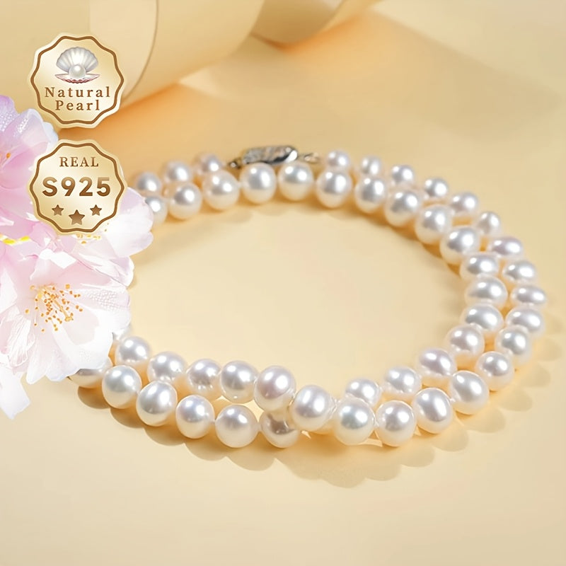 MUFAN Elegant S925 Silver Freshwater Pearl Necklace featuring 7-8mm Lustrous White Pearls, Perfect for Women. This necklace is an ideal June birthstone gift, and it comes in a stylish red gift box. Each pearl has its own unique shape and color variation