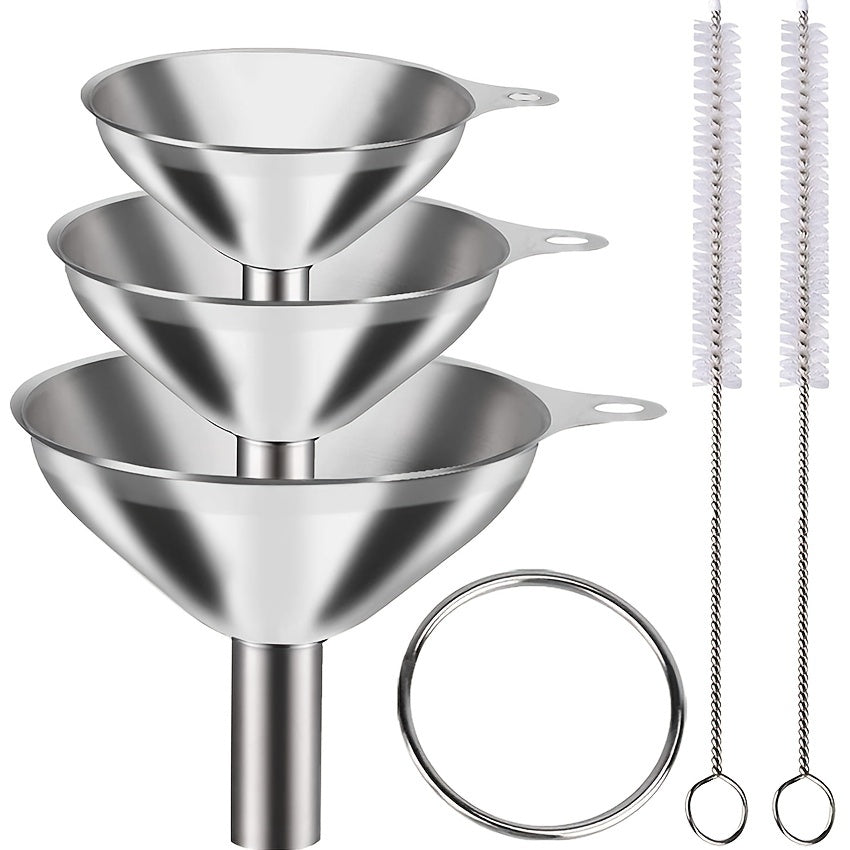 Five kitchen utensils included in the set are a large stainless steel kitchen oil funnel, a wine strainer, a wine hanger, a wine dispenser, and a spoon.