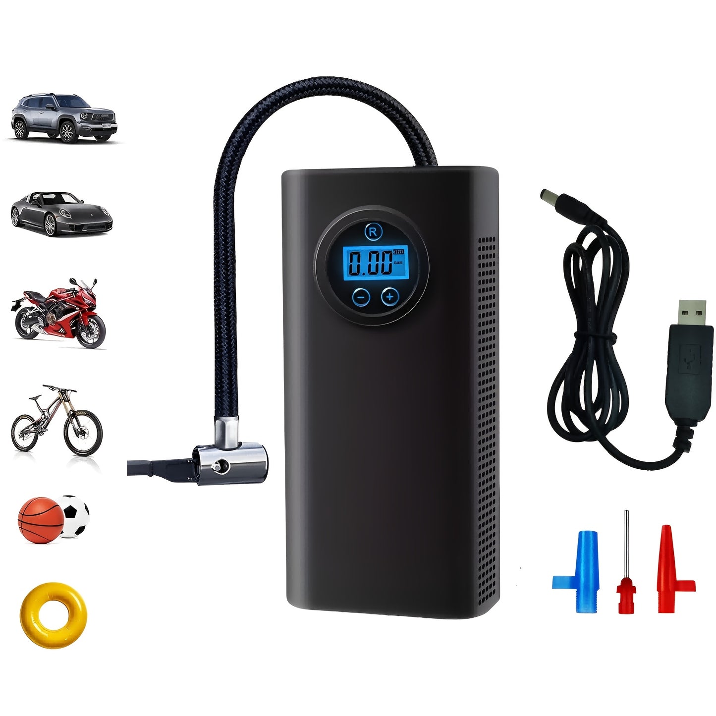 Digital tire inflator with automatic shut-off, USB and battery powered for quick inflation up to 150 PSI. Suitable for car, bicycle, electric bike, and ball tires with rechargeable lithium