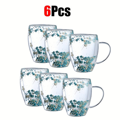 11.830z Double-walled Glass Coffee Cup with Dried Flowers, Insulation, Reusable for Espresso, Iced Coffee, Juice - Hand Wash Only - 2-4-6pcs