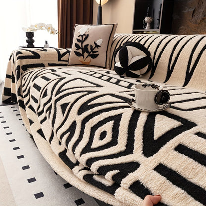 Modern Geometric Plush Sofa Cover in Black & White, All-Season, Dust-Proof, Pet-Friendly. Fits Single to Four-Seater Sofas. Machine Washable. Ideal for Living Room & Bedroom.