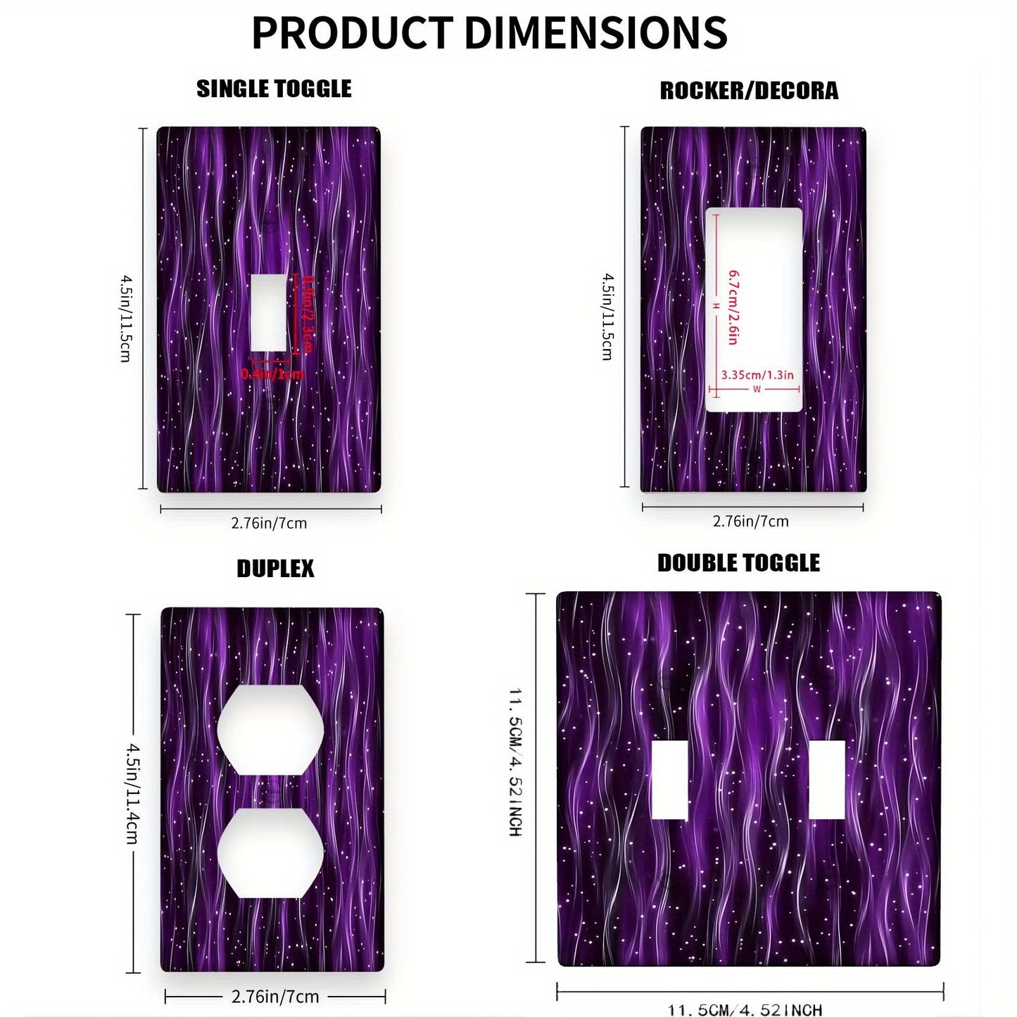 Durable polycarbonate light switch cover with sparkling purple pattern for home or office.