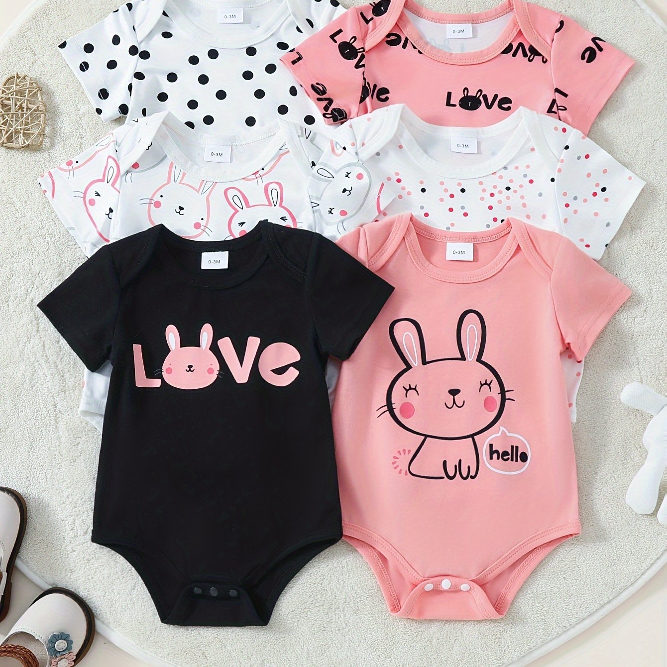 Set of six cute bunny-themed short-sleeve onesies for outdoor wear