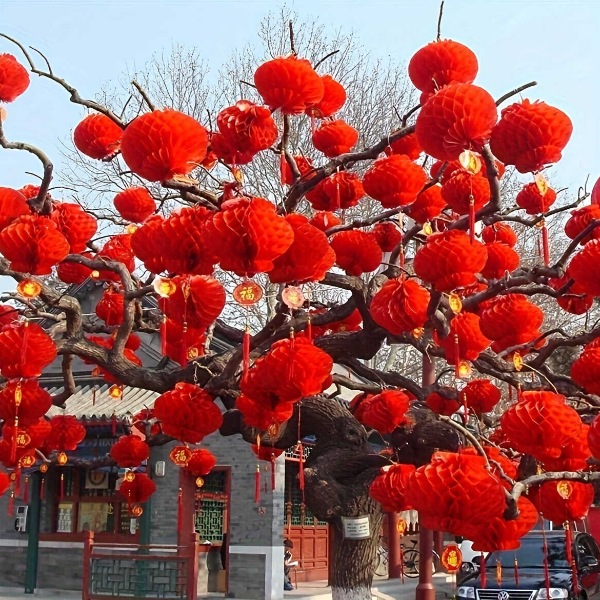 10 classic red honeycomb lanterns, paper hanging decorations for various occasions, no electricity necessary, suitable for festive home and garden decor.