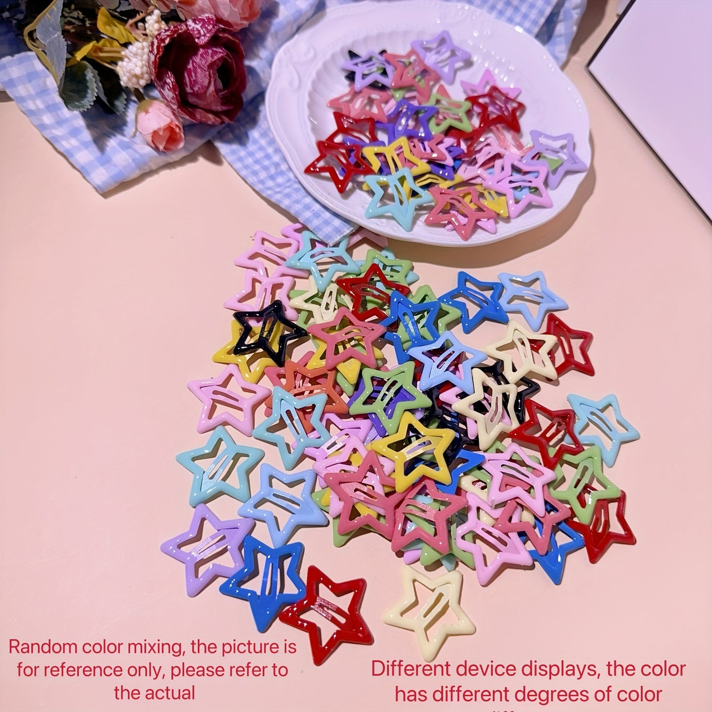 Y2K Cute Star Hair Clips Set in colorful metal star shape, available in 15/30/50/100pcs. Trendy hair accessories for all ages 14+. Perfect gift for Eid and Ramadan.