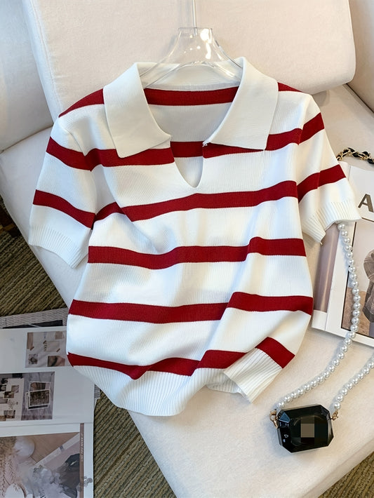 New European and American knit top with color-blocking stripes and turnover collar for spring/summer fashion