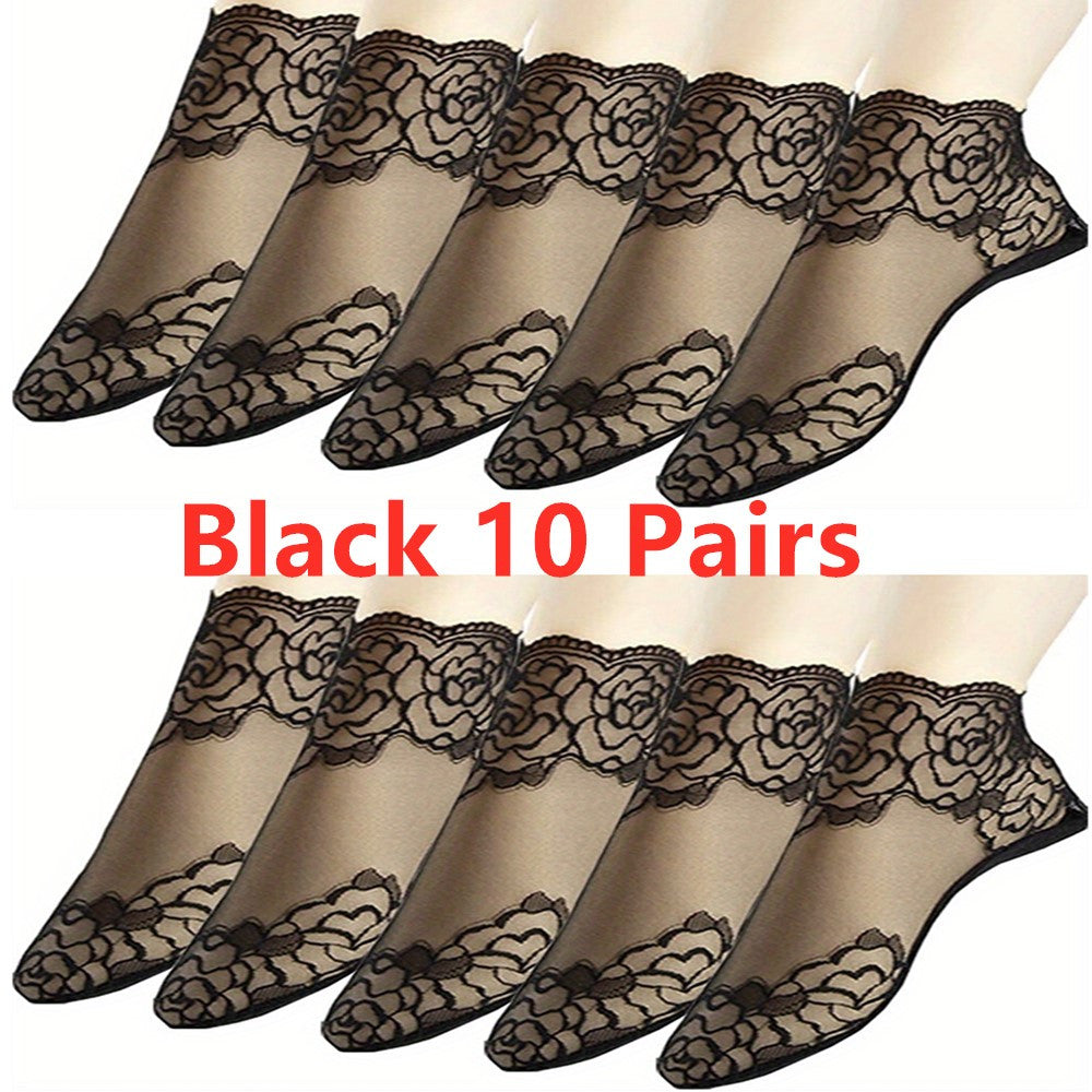 5 pairs of women's invisible boat socks featuring geometric-pattern lace floral trim, made of 95% polyester and 5% spandex knit fabric. Hand washable with contrast lace ankle socks.