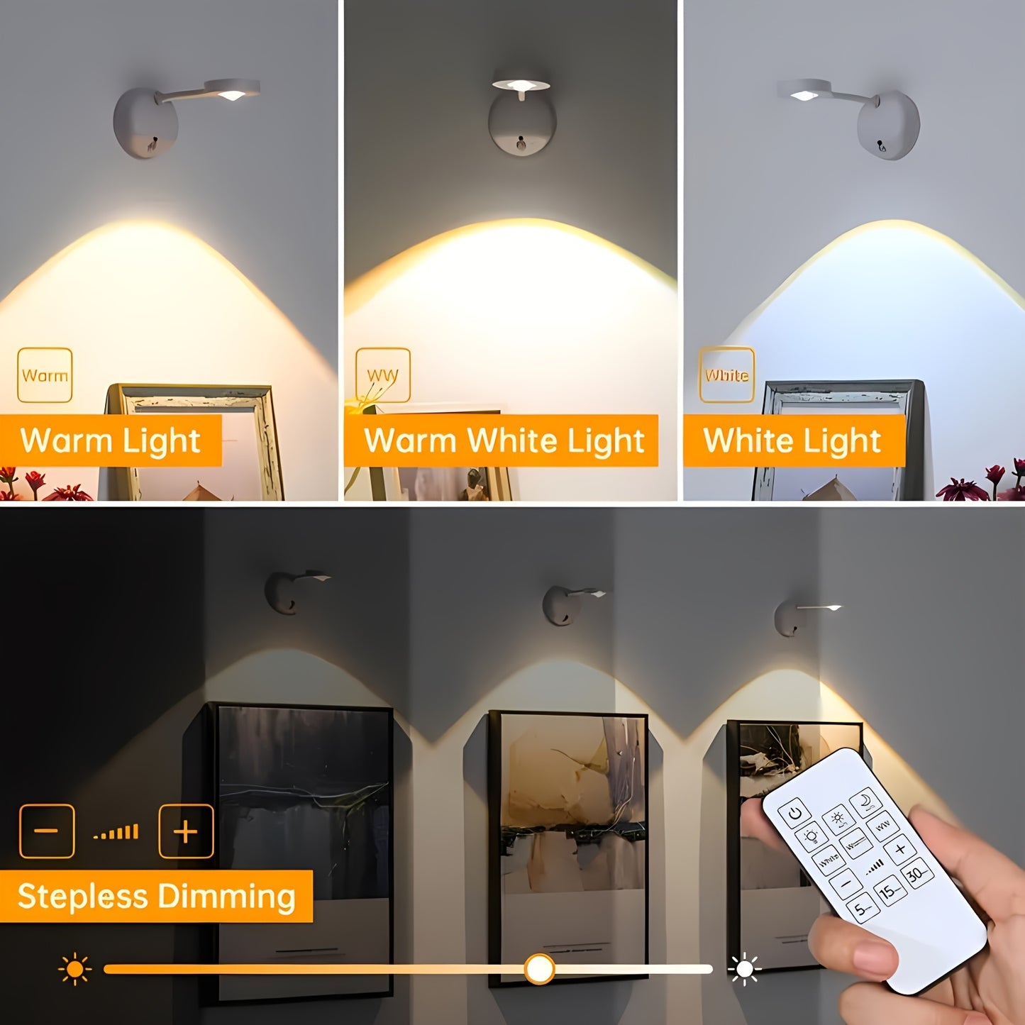 Rechargeable motion sensor LED wall lamp with remote control. Adjustable light. Easy installation, suitable for stairs, corridors, living room, and bedroom.