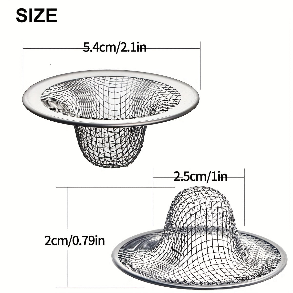 Stainless steel mesh sink strainer set includes 6 pieces for bathroom sinks, perfect for catching hair and debris.