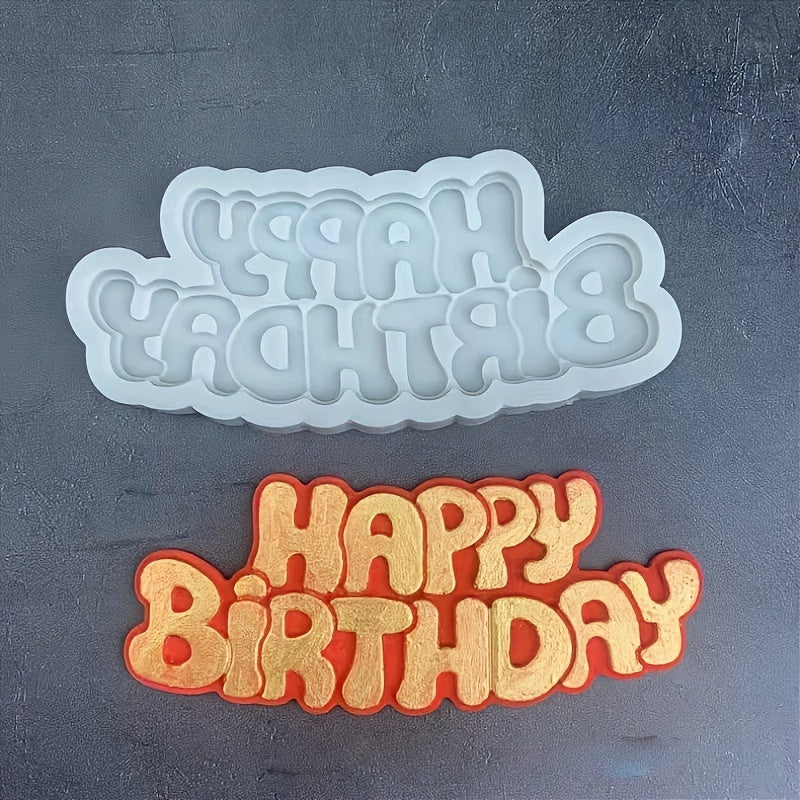 One piece of Happy Birthday Silicone Mold perfect for creating 3D Fondant shapes for DIY Pudding, Chocolate, Candy, Desserts, Gummy, Handmade Soap, Aromatherapy Candle, Plaster, Polymer Clay, and Ice Cubes. Ideal for Bakeware, Cake Decorating, Baking and