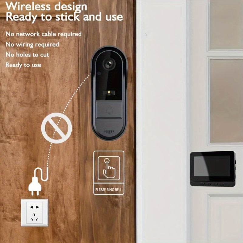 HD video doorbell camera with IPS screen, night vision, two-way intercom, rechargeable battery, USB charging, 480p video recording, and RFID function for home security.