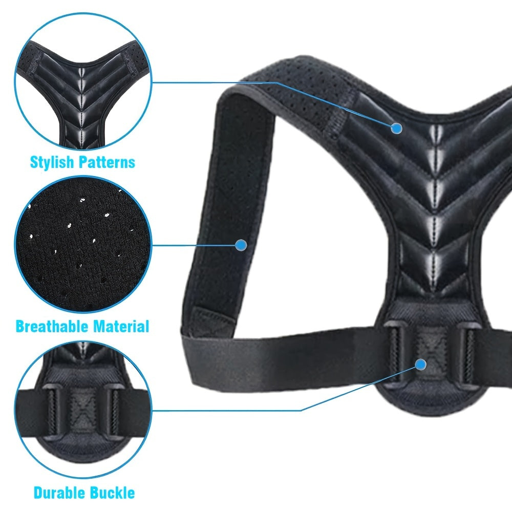 Adjustable back brace for women and men improves posture and supports shoulders. Comfortable and breathable design.