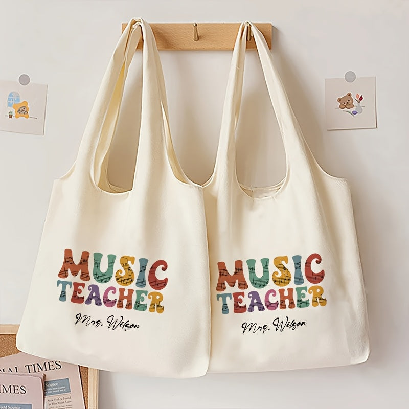 Customized Music Teacher Tote Bag - Durable Polyester Shoulder Bag with Cartoon & Alphabet Print, Easy to Carry, Foldable, Machine Washable - Perfect Present for Music Lovers and Educators