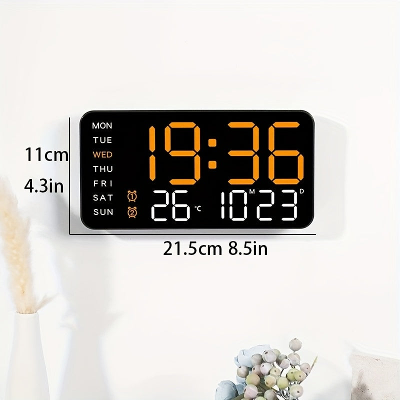 Voice controlled LED wall clock with dual alarms, USB powered, temperature display, adjustable brightness, and sleek black design for home and office.