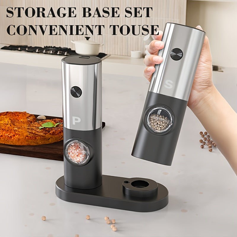 Get your hands on the convenient 2PC Electric Salt And Pepper Grinder Set with a storage base. This battery-powered set features automatic grinding with LED light, adjustable coarseness, and a one-hand one-button start. Made with high-quality ABS